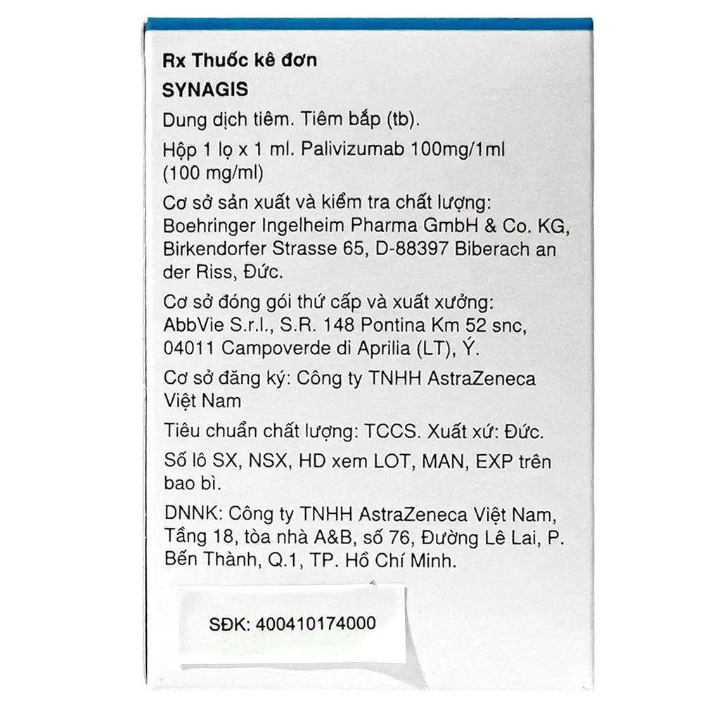 Hình ảnh Dung dịch tiêm Synagis 100mg/1ml Astrazeneca điều trị để phòng ngừa bệnh đường hô hấp