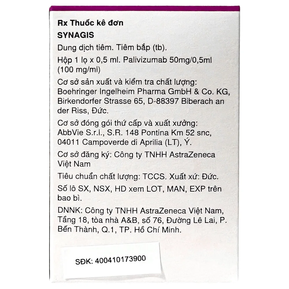 Hình ảnh Dung dịch tiêm Synagis 50mg/0.5ml Astrazeneca điều trị để phòng ngừa bệnh đường hô hấp
