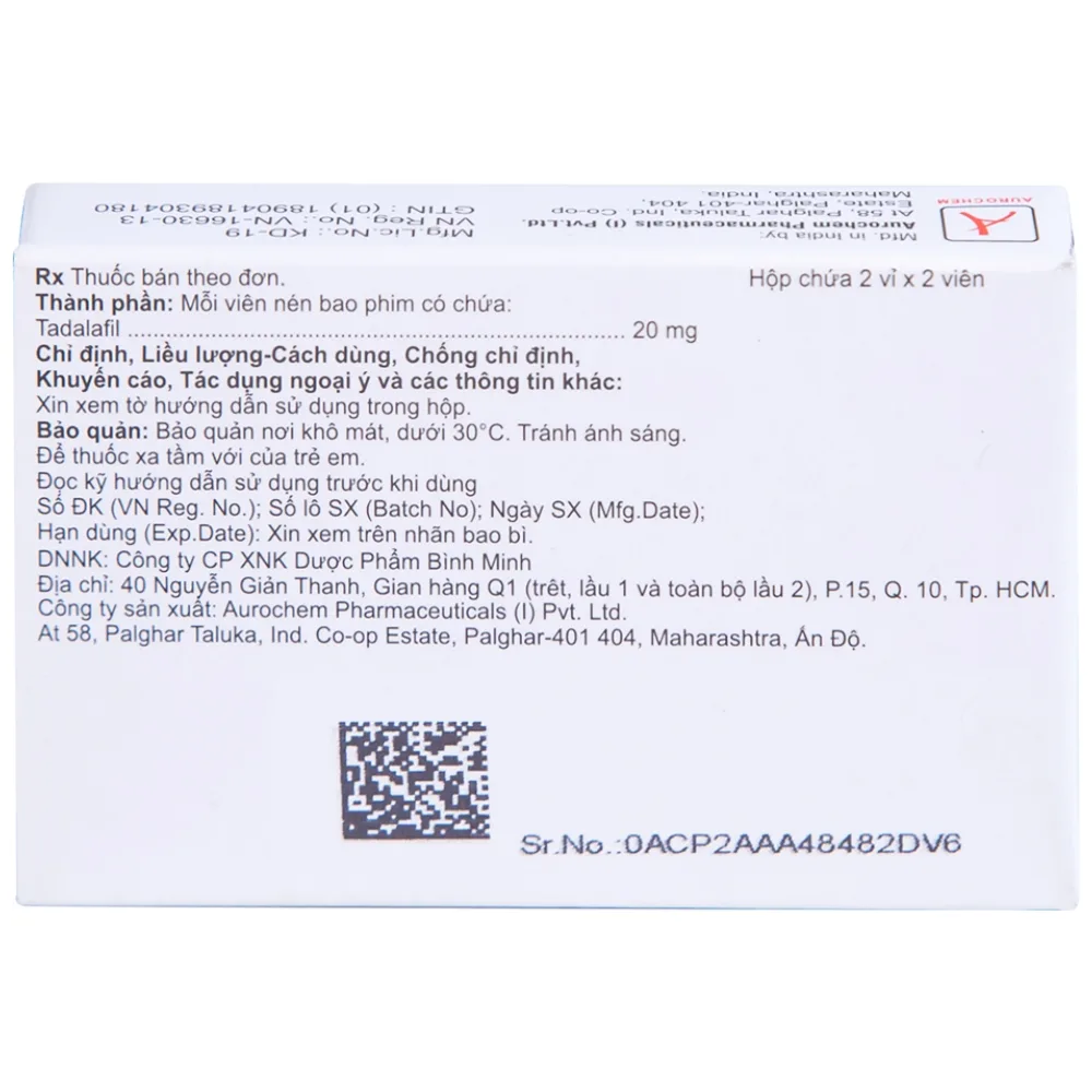 Hình ảnh Thuốc Tadachem-20 Aurochem điều trị rối loạn cương dương (2 vỉ x 2 viên)
