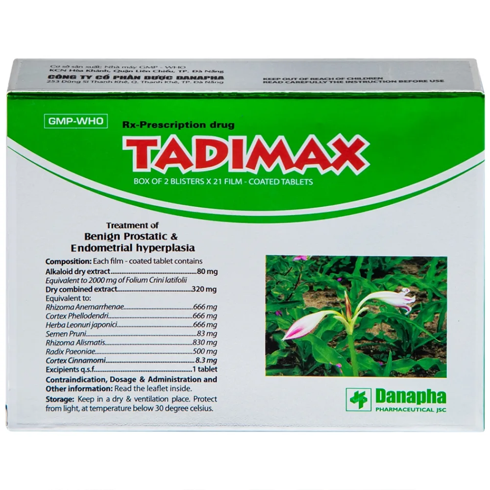 Hình ảnh Thuốc Tadimax Danapha điều trị phì đại lành tính tuyến tiền liệt và u xơ tử cung (2 vỉ x 21 viên)