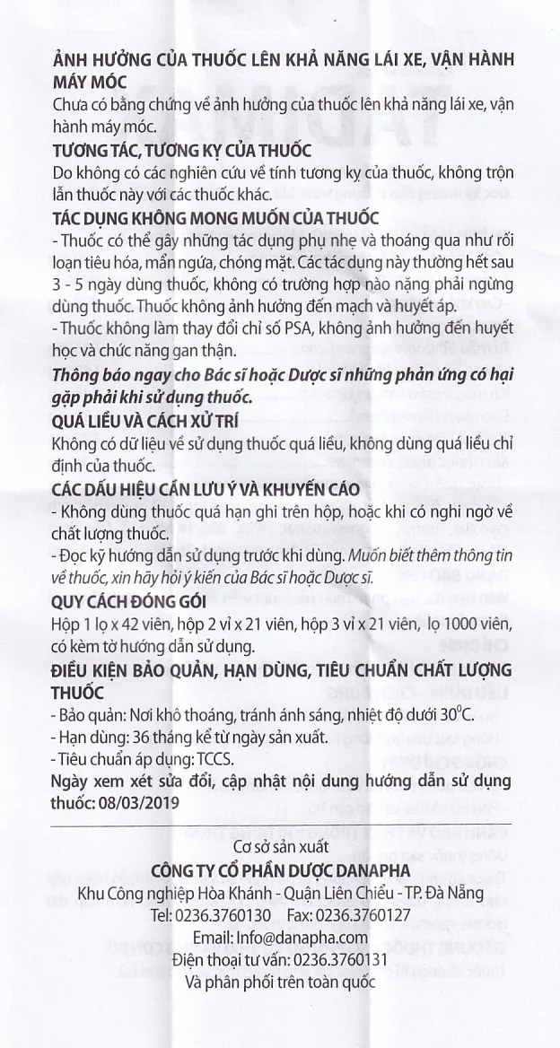 Hình ảnh Thuốc Tadimax Danapha điều trị phì đại lành tính tuyến tiền liệt và u xơ tử cung (42 viên)