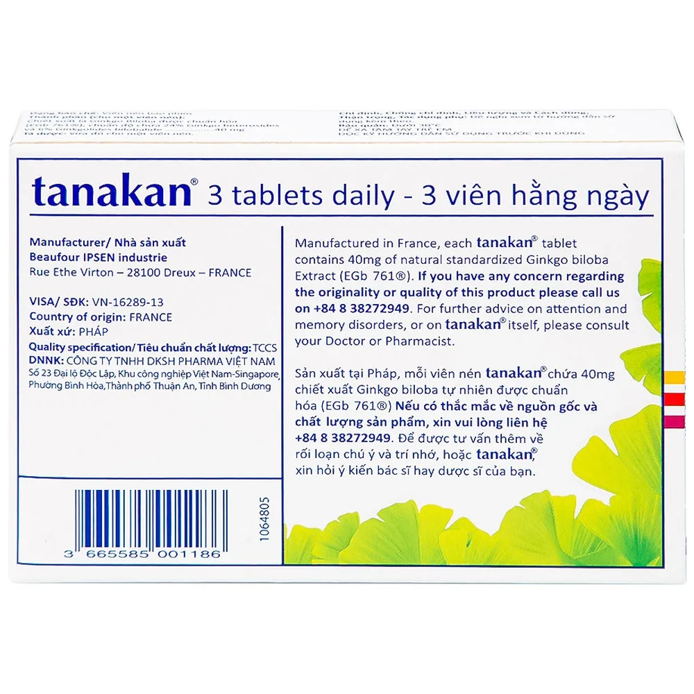 Hình ảnh Thuốc Tanakan Ipsen điều trị triệu chứng rối loạn nhận thức ở người lớn tuổi (2 vỉ x 15 viên)