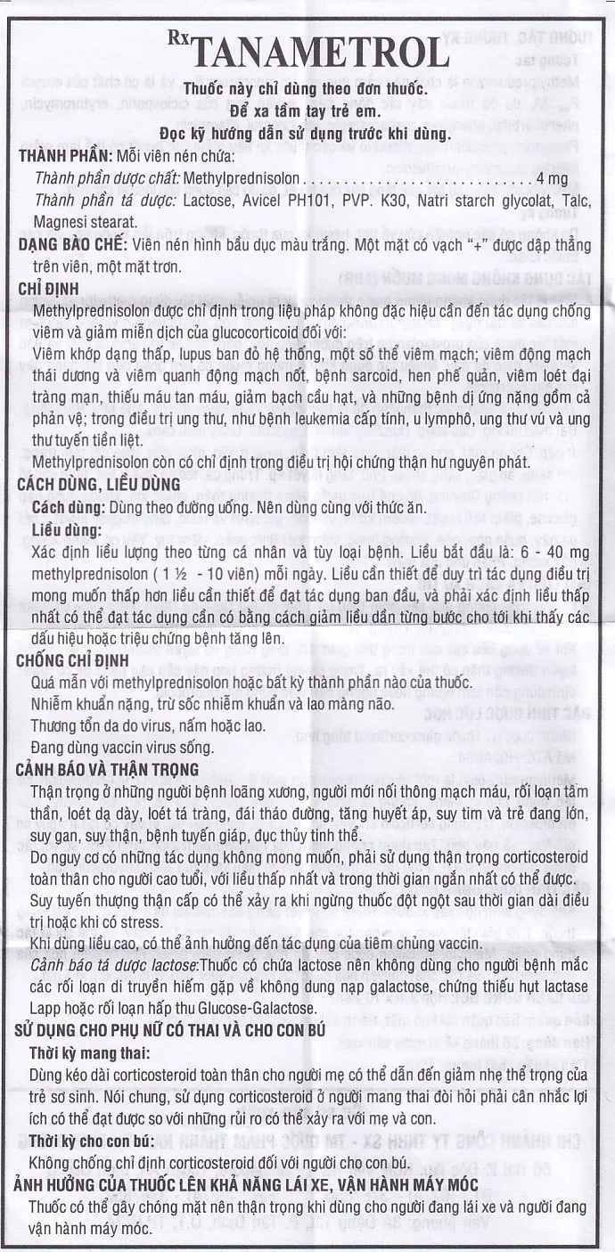 Hình ảnh Viên nén TanaMetrol 4mg Thành Nam chống viêm và điều trị viêm khớp dạng thấp, lupus ban đỏ (3 vỉ x 10 viên)