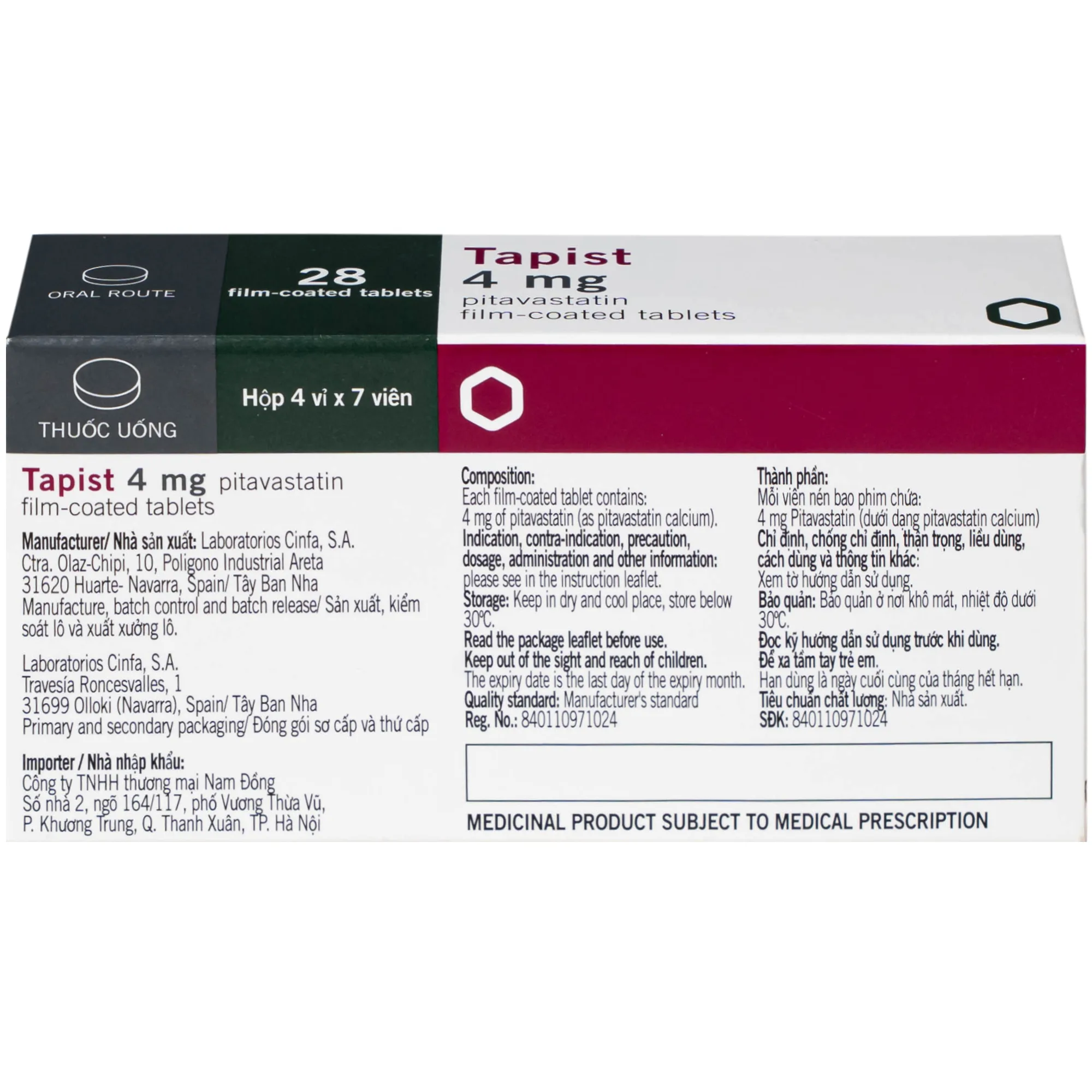 Hình ảnh Thuốc Tapist 4mg Laboratorios Cinfa điều trị mỡ máu cao và hạ Cholesterol (4 vỉ x 7 viên)