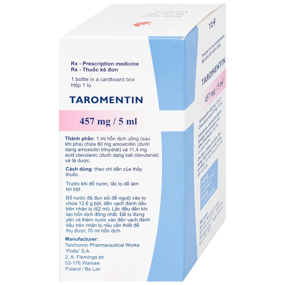 Hình ảnh Bột hỗn dịch uống Taromentin 457mg/5ml điều trị nhiễm trùng viêm xoang, tai giữa, đường hô hấp (12.6g)