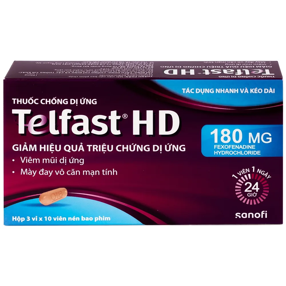 Hình ảnh Thuốc chống dị ứng Telfast HD 180mg Sanofi giảm triệu chứng viêm mũi dị ứng, mày đay vô căn mạn tính (3 vỉ x 10 viên)