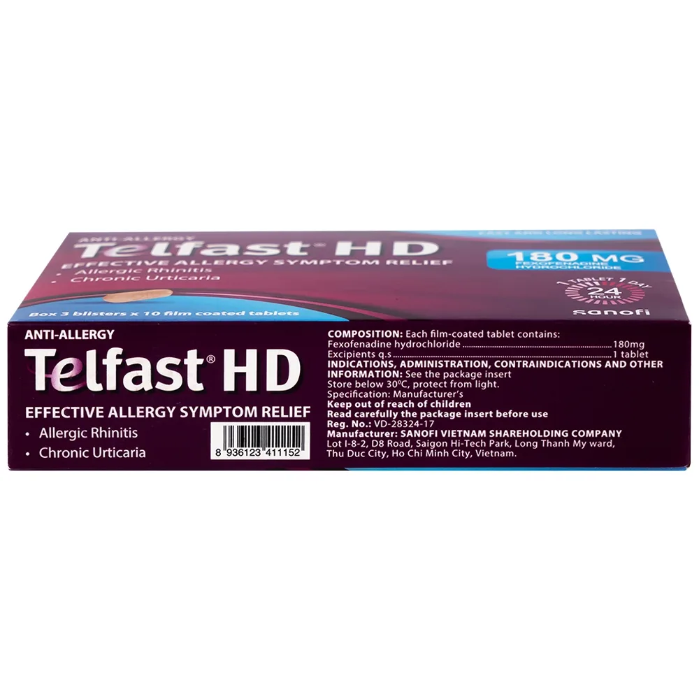 Hình ảnh Thuốc chống dị ứng Telfast HD 180mg Sanofi giảm triệu chứng viêm mũi dị ứng, mày đay vô căn mạn tính (3 vỉ x 10 viên)