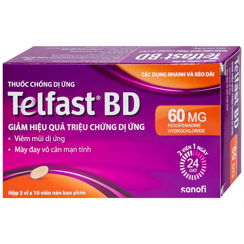 Hình ảnh Viên nén bao phim Telfast BD 60mg Sanofi giảm hiệu quả triệu chứng dị ứng (3 vỉ x 10 viên)