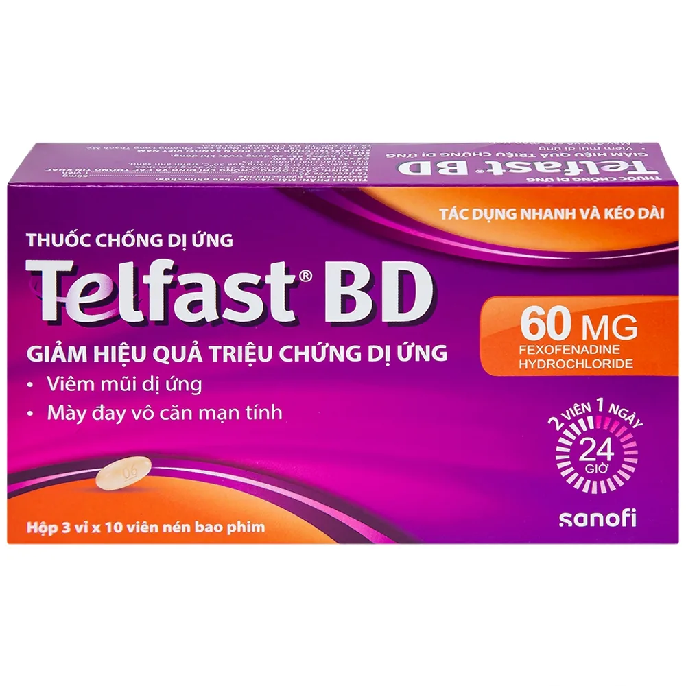 Hình ảnh Viên nén bao phim Telfast BD 60mg Sanofi giảm hiệu quả triệu chứng dị ứng (3 vỉ x 10 viên)
