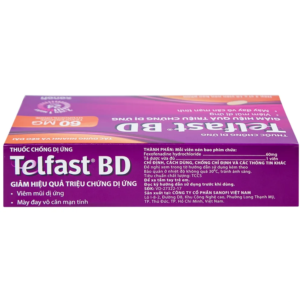 Hình ảnh Viên nén bao phim Telfast BD 60mg Sanofi giảm hiệu quả triệu chứng dị ứng (3 vỉ x 10 viên)