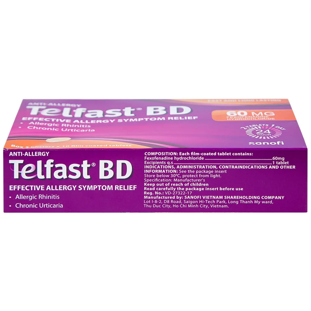 Hình ảnh Viên nén bao phim Telfast BD 60mg Sanofi giảm hiệu quả triệu chứng dị ứng (3 vỉ x 10 viên)