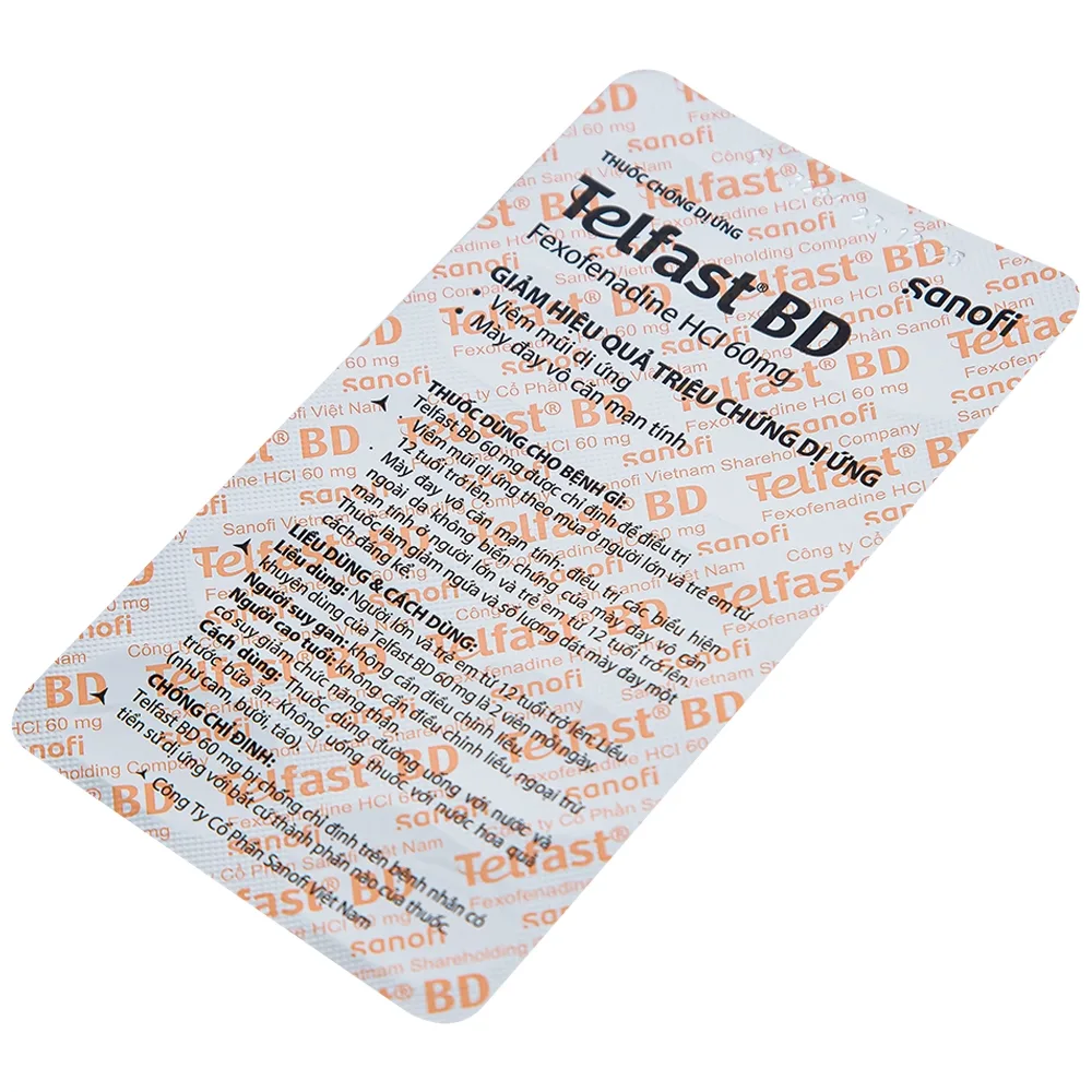 Hình ảnh Viên nén bao phim Telfast BD 60mg Sanofi giảm hiệu quả triệu chứng dị ứng (3 vỉ x 10 viên)