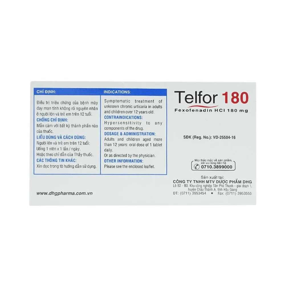 Hình ảnh Thuốc Telfor 180 DHG điều trị triệu chứng của bệnh mày đay (2 vỉ x 10 viên)