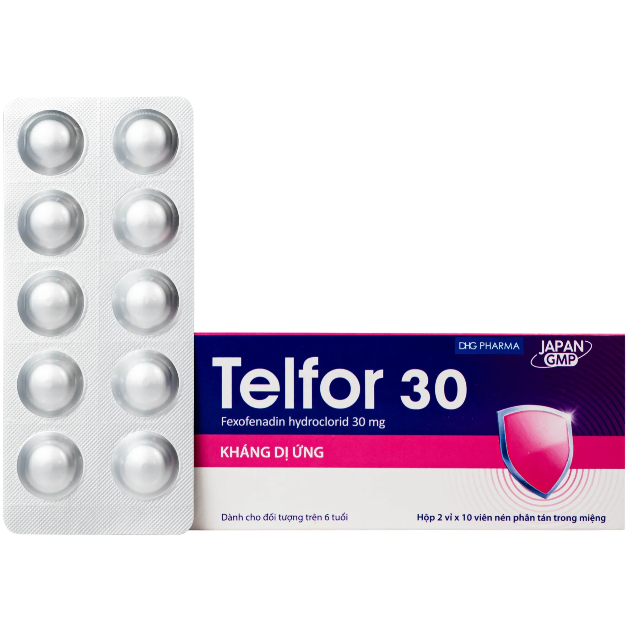 Hình ảnh Viên nén phân tán trong miệng Telfor 30mg DHG điều trị viêm mũi dị ứng, mày đay cho trẻ em (2 vỉ x 10 viên)
