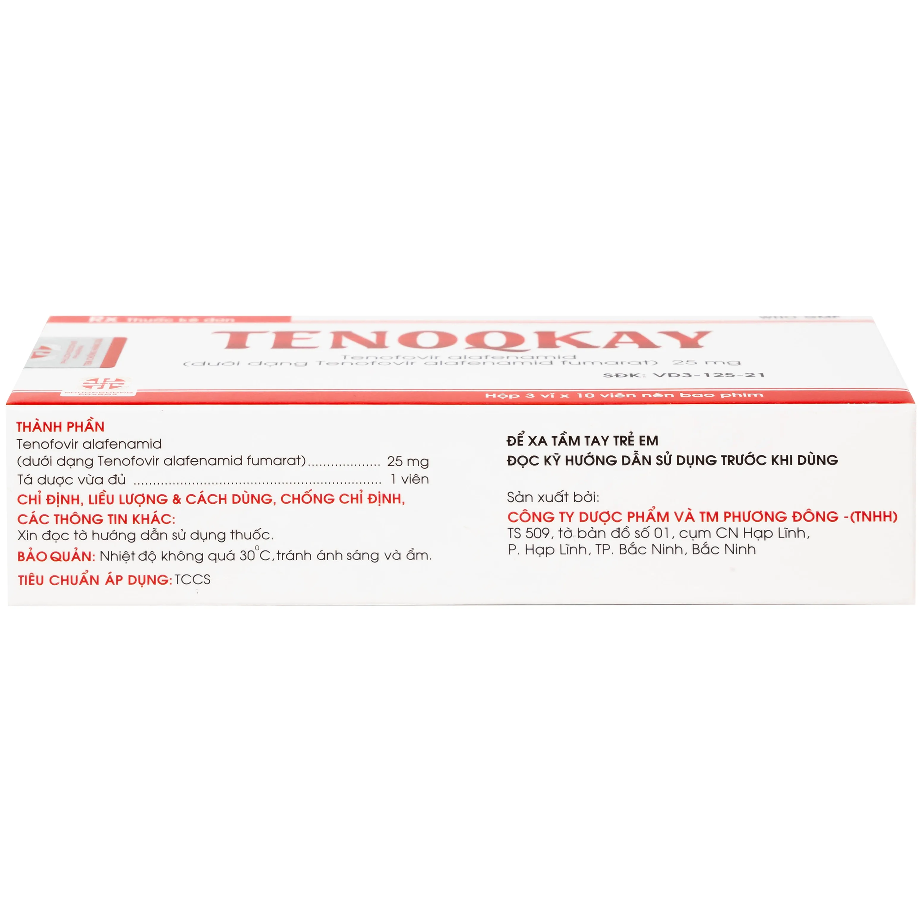 Hình ảnh Thuốc Tenoqkay 25mg Phương Đông điều trị bệnh viêm gan siêu vi B mạn tính (3 vỉ x 10 viên)