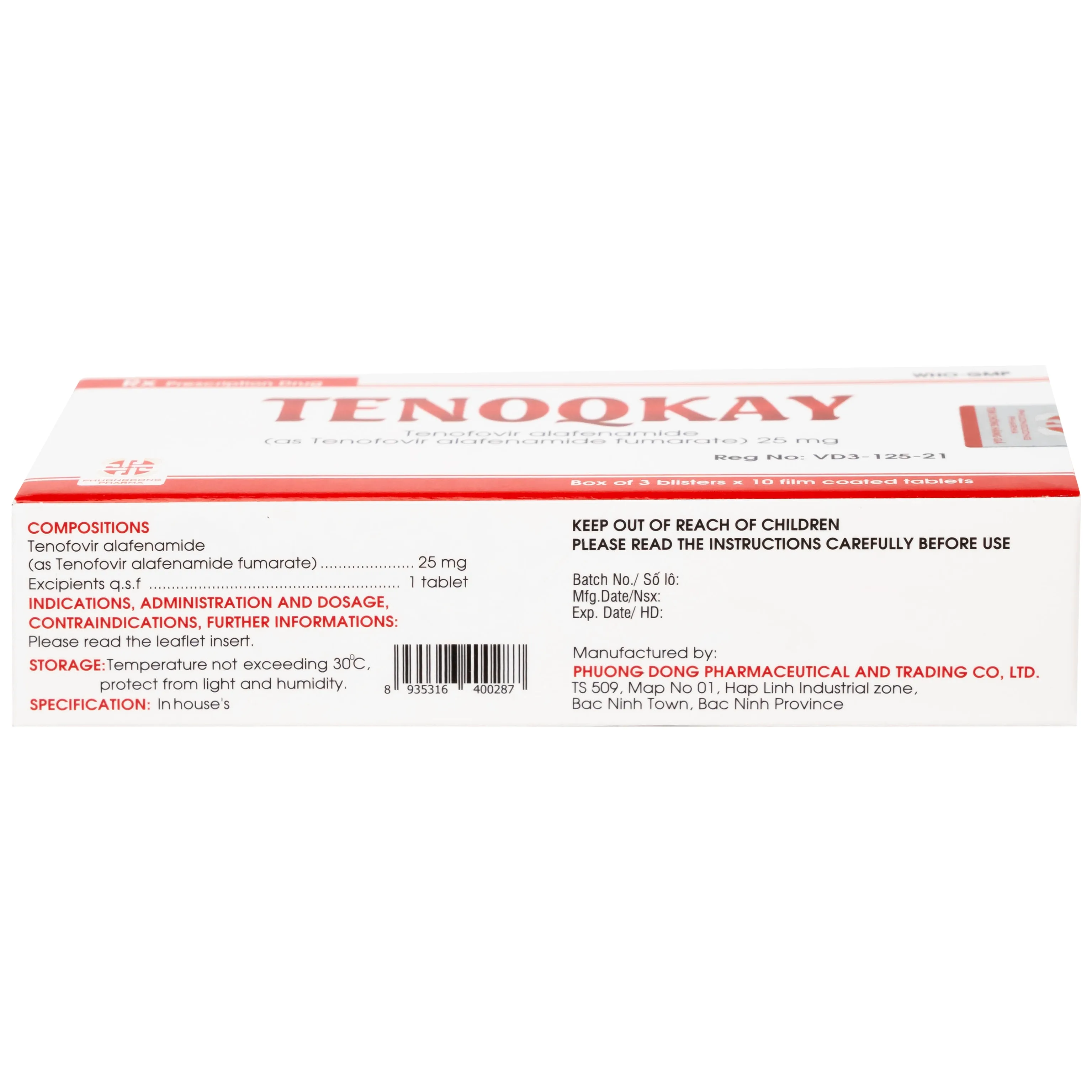 Hình ảnh Thuốc Tenoqkay 25mg Phương Đông điều trị bệnh viêm gan siêu vi B mạn tính (3 vỉ x 10 viên)