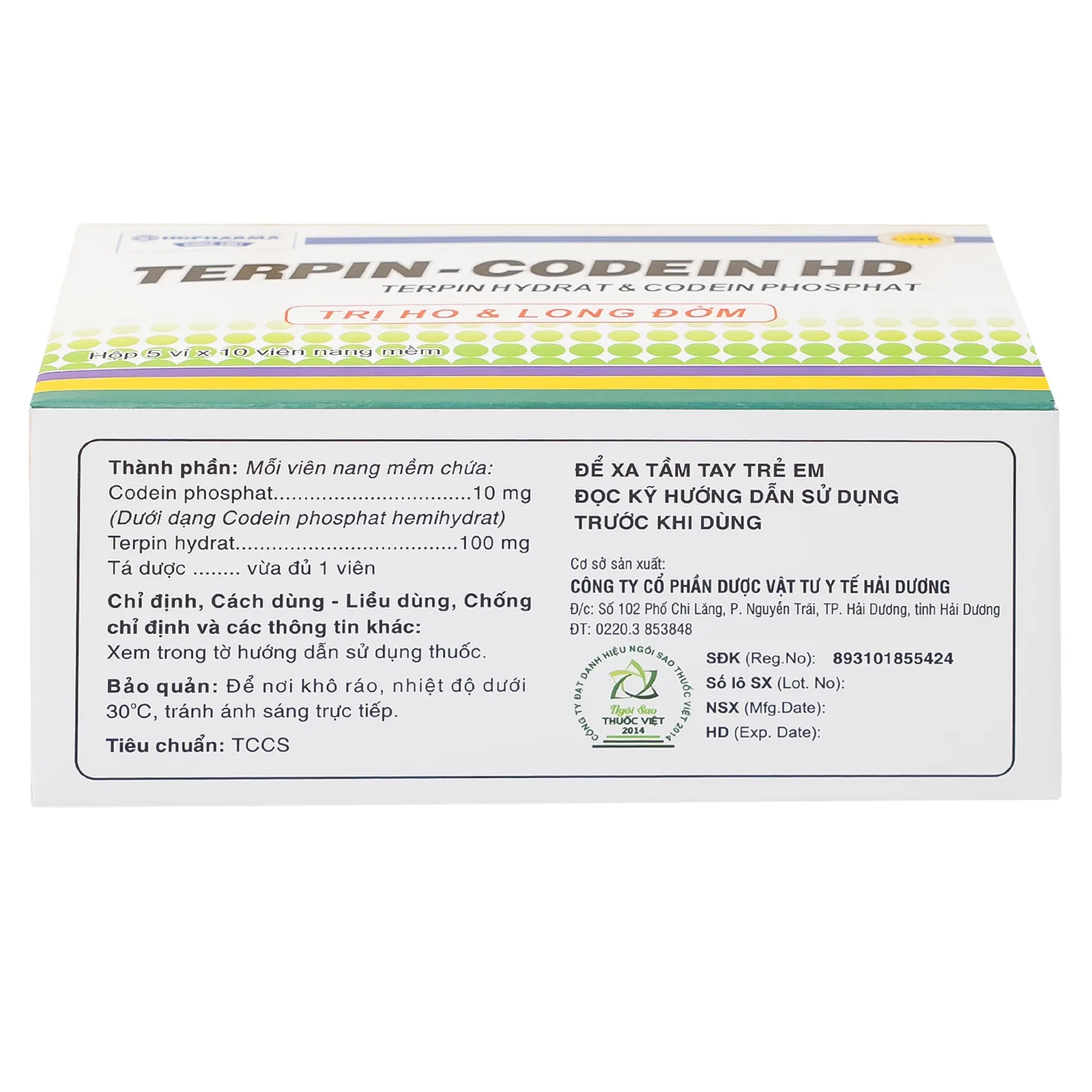 Hình ảnh Thuốc Terpin-codein HD Hdpharma điều trị triệu chứng ho khan hoặc kích ứng (5 vỉ x 10 viên)