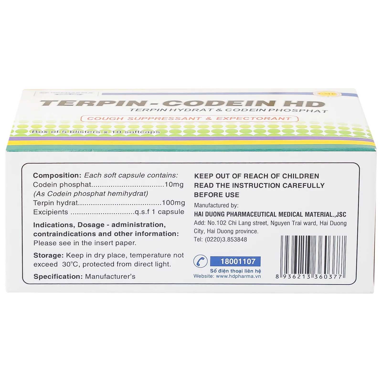 Hình ảnh Thuốc Terpin-codein HD Hdpharma điều trị triệu chứng ho khan hoặc kích ứng (5 vỉ x 10 viên)