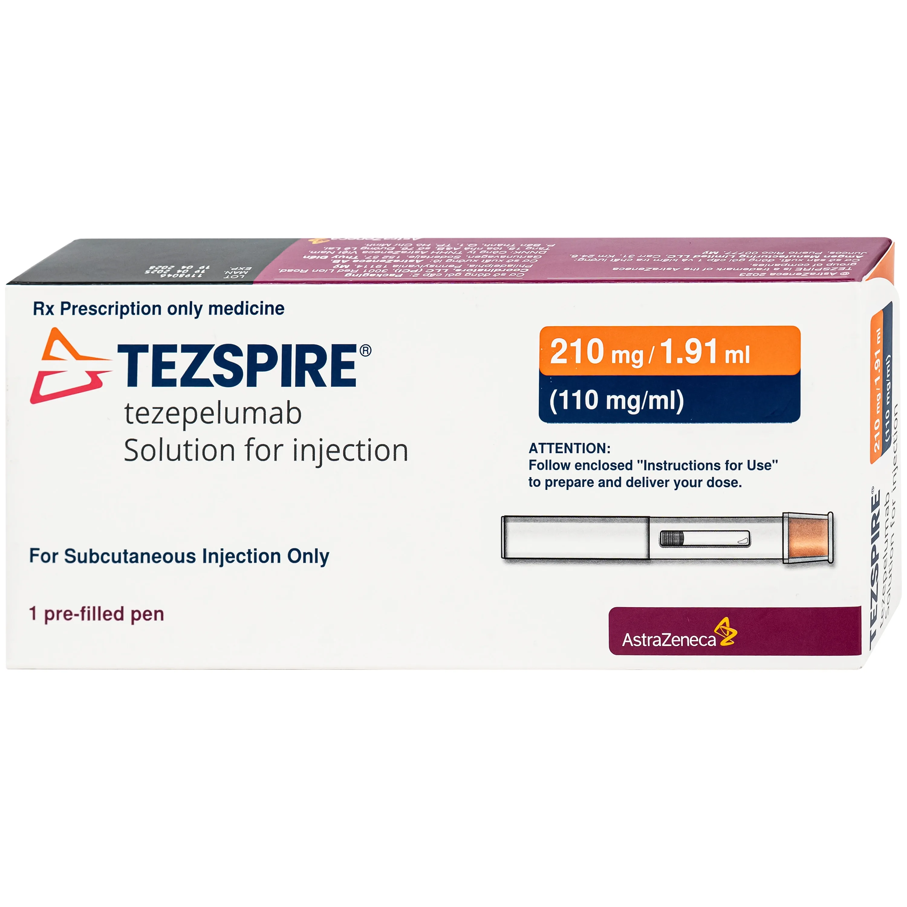 Hình ảnh Dung dịch bút tiêm Tezspire 210mg Astrazeneca được chỉ định điều trị duy trì cho người lớn và trẻ vị thành niên từ 12 tuổi trở lên bị hen nặng (1.91ml)