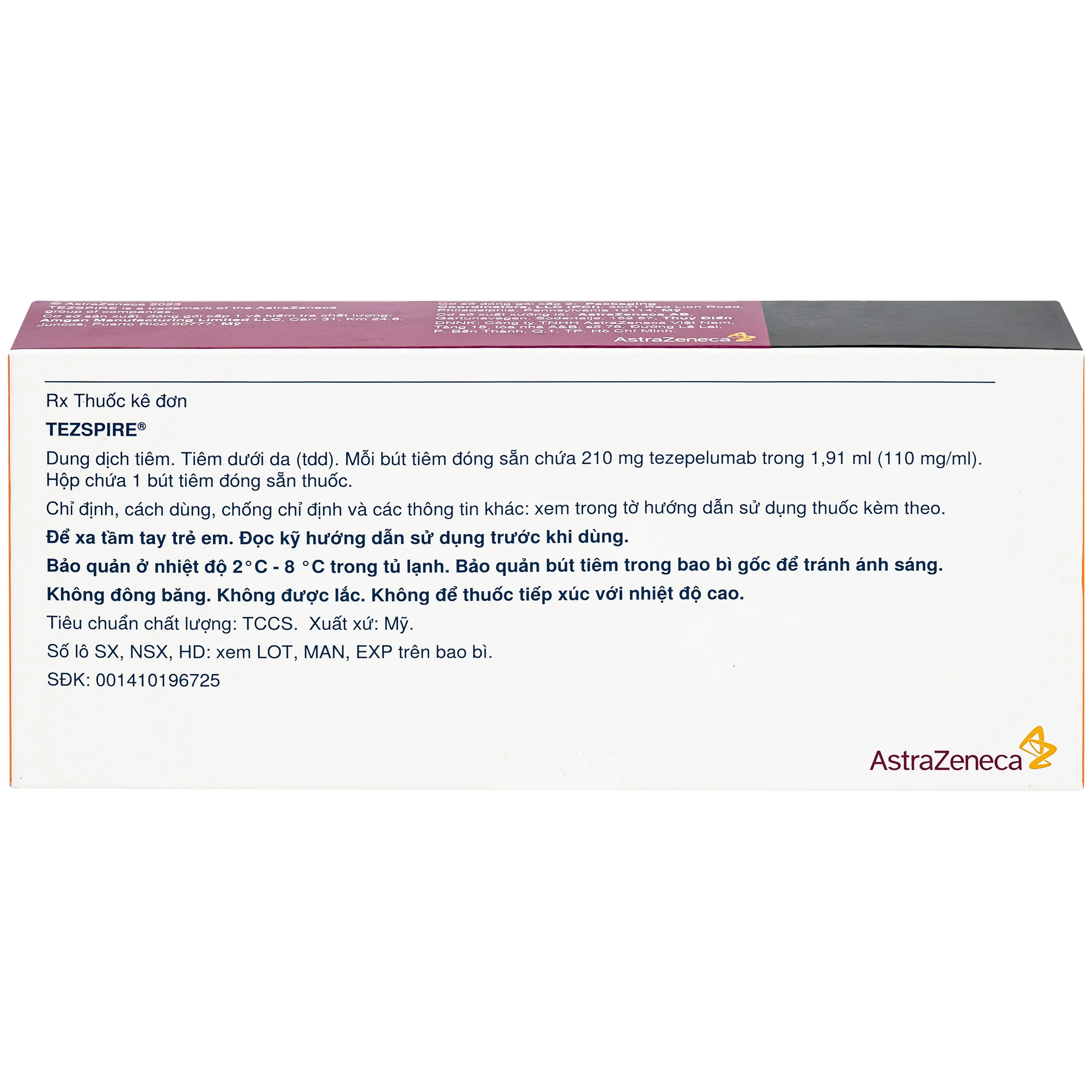Hình ảnh Dung dịch bút tiêm Tezspire 210mg Astrazeneca được chỉ định điều trị duy trì cho người lớn và trẻ vị thành niên từ 12 tuổi trở lên bị hen nặng (1.91ml)