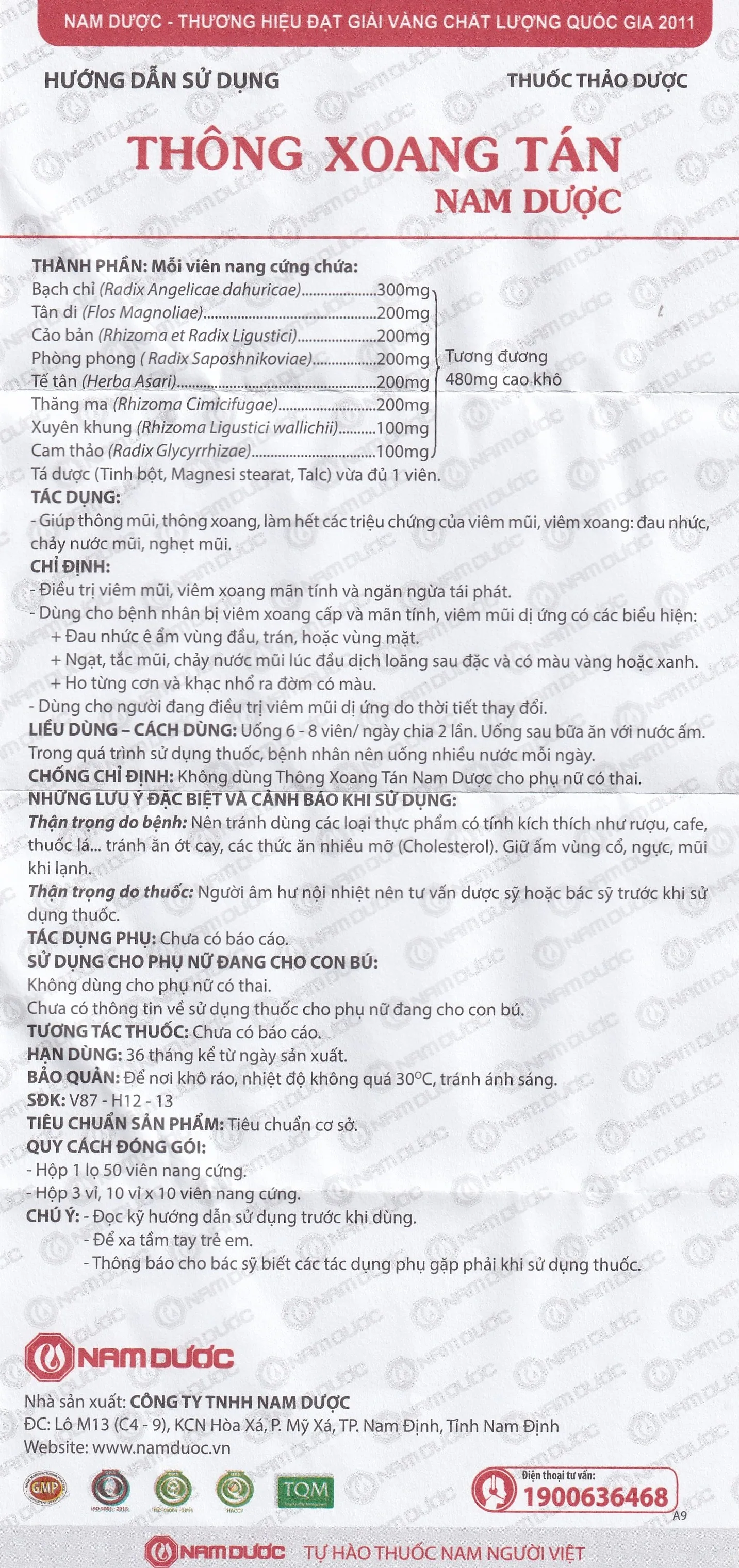 Hình ảnh Thuốc Thông Xoang Tán Nam Dược điều trị viêm xoang mãn tính (50 viên)