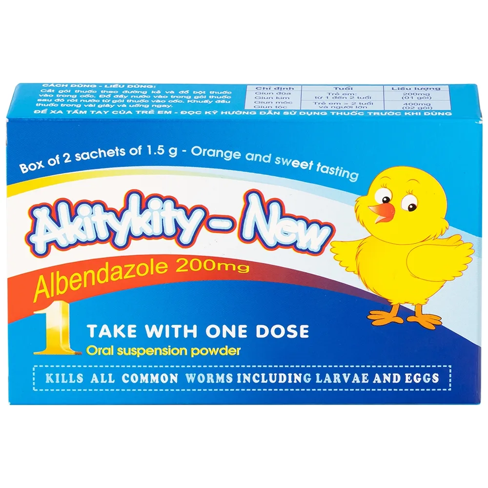 Hình ảnh Hỗn dịch uống Akitykity-New 200mg Pharbaco vị ngọt hương cam diệt các loại giun sán, ấu trùng và trứng (2 gói x 1.5g)