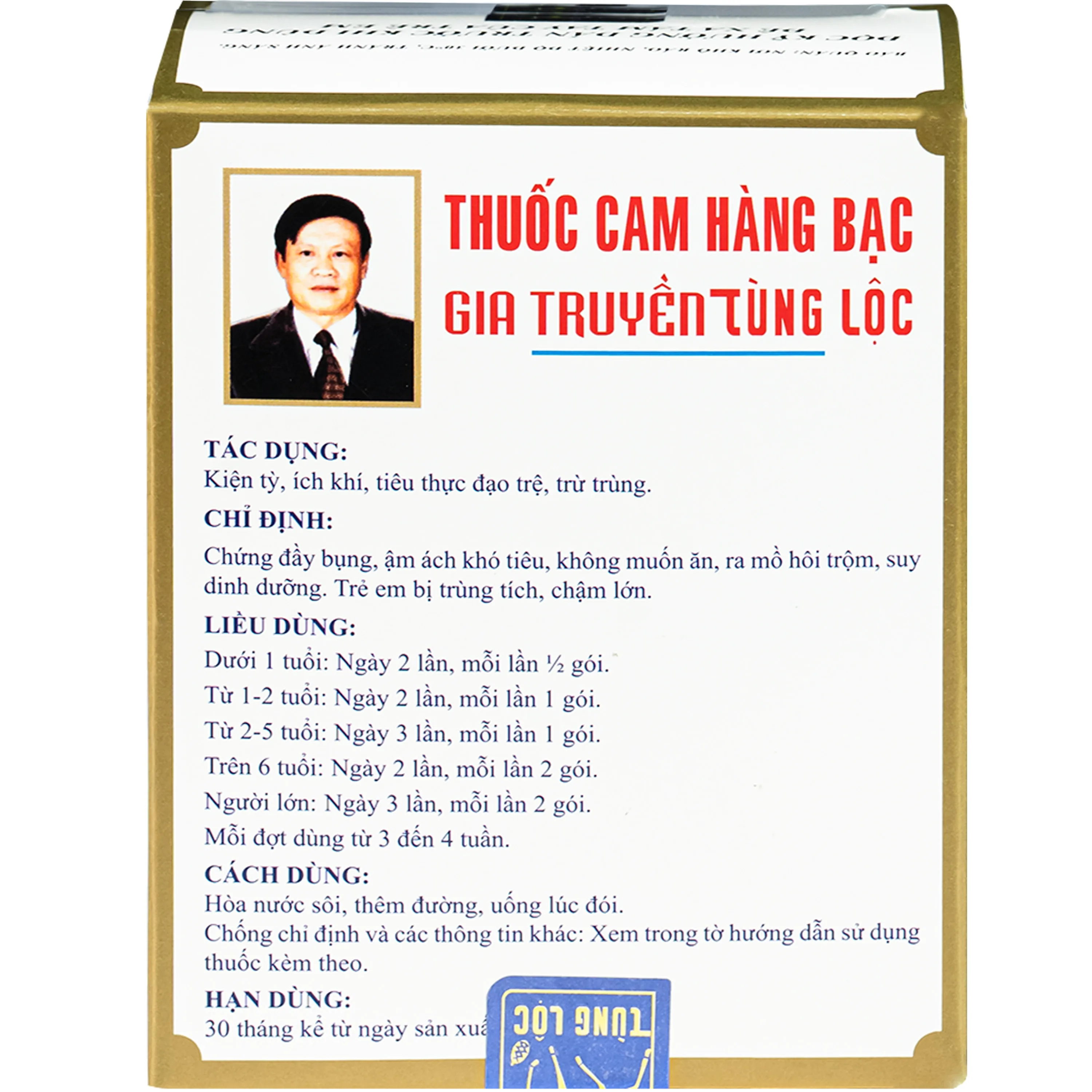 Hình ảnh Thuốc Cam hàng bạc Tùng lộc chỉ định chứng đầy bụng, không muốn ăn, ra mồ hôi trộm, suy dinh dưỡng. Trẻ em chậm lớn (10 gói x 8g)