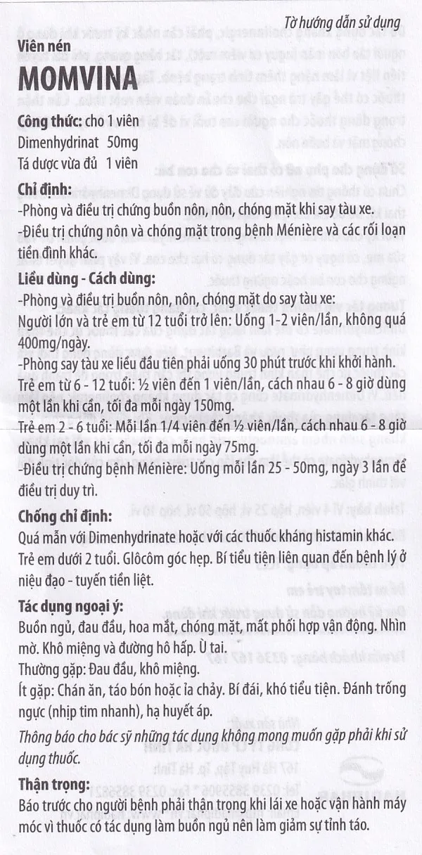 Hình ảnh Thuốc chống say tàu xe Momvina Hadiphar điều trị chứng buồn nôn, nôn, chóng mặt (25 vỉ x 4 viên)
