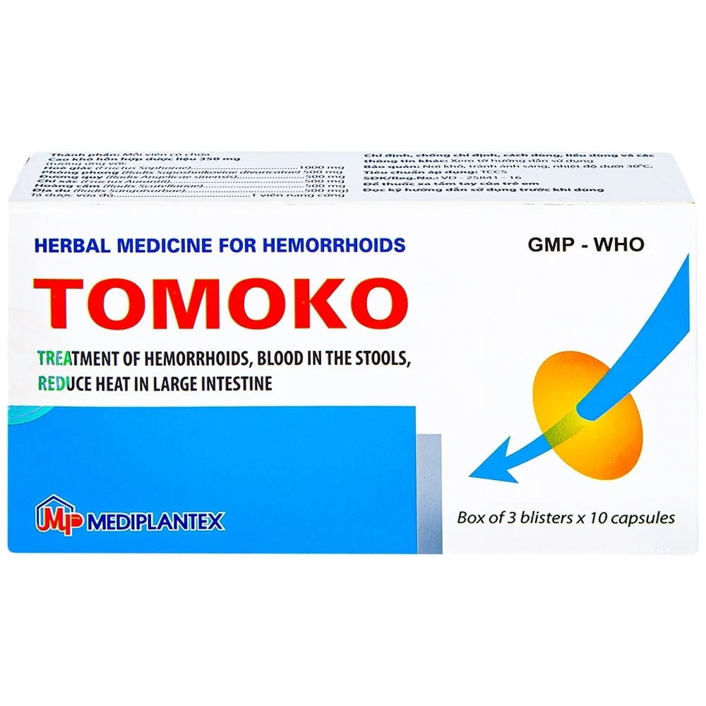 Hình ảnh Thuốc  Tomoko Mediplantex điều trị trĩ, đi ngoài ra máu, đại tràng táo nhiệt (3 vỉ x 10 viên)
