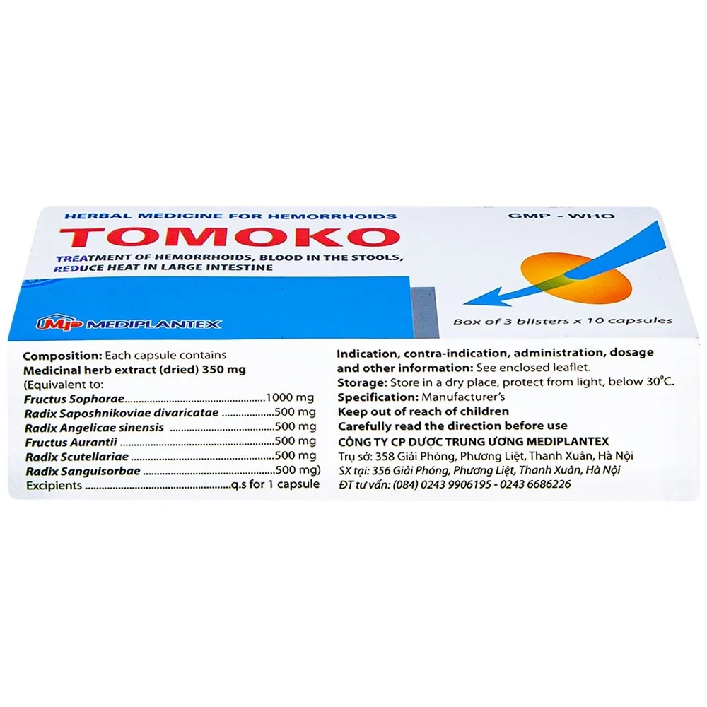 Hình ảnh Thuốc  Tomoko Mediplantex điều trị trĩ, đi ngoài ra máu, đại tràng táo nhiệt (3 vỉ x 10 viên)
