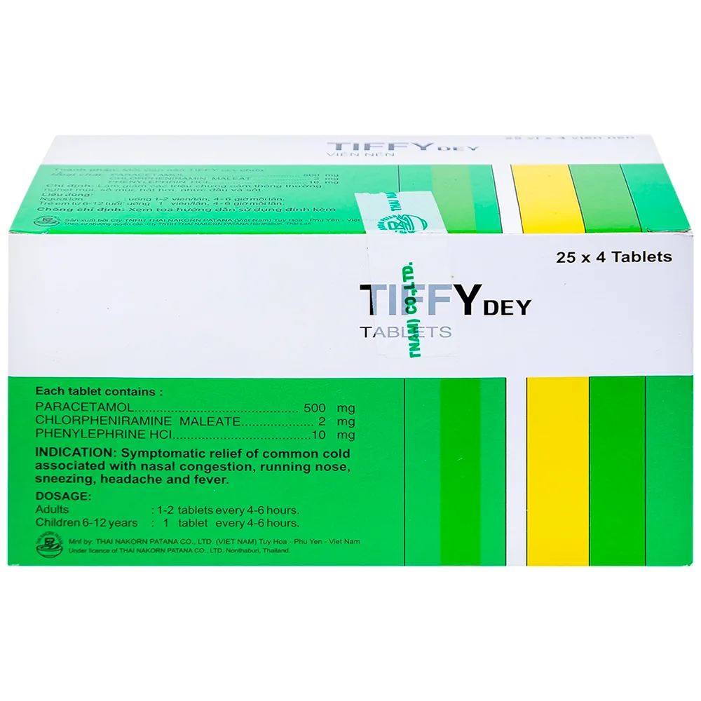 Hình ảnh Thuốc Tiffy Dey Thai Nakorn Patana điều trị nghẹt mũi, sổ mũi (25 vỉ x 4 viên)