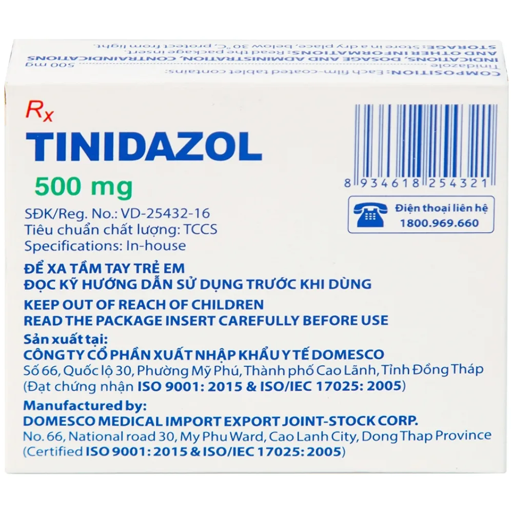 Hình ảnh Thuốc Tinidazol 500mg Domesco dự phòng nhiễm khuẩn sau phẫu thuật (1 vỉ x 4 viên)