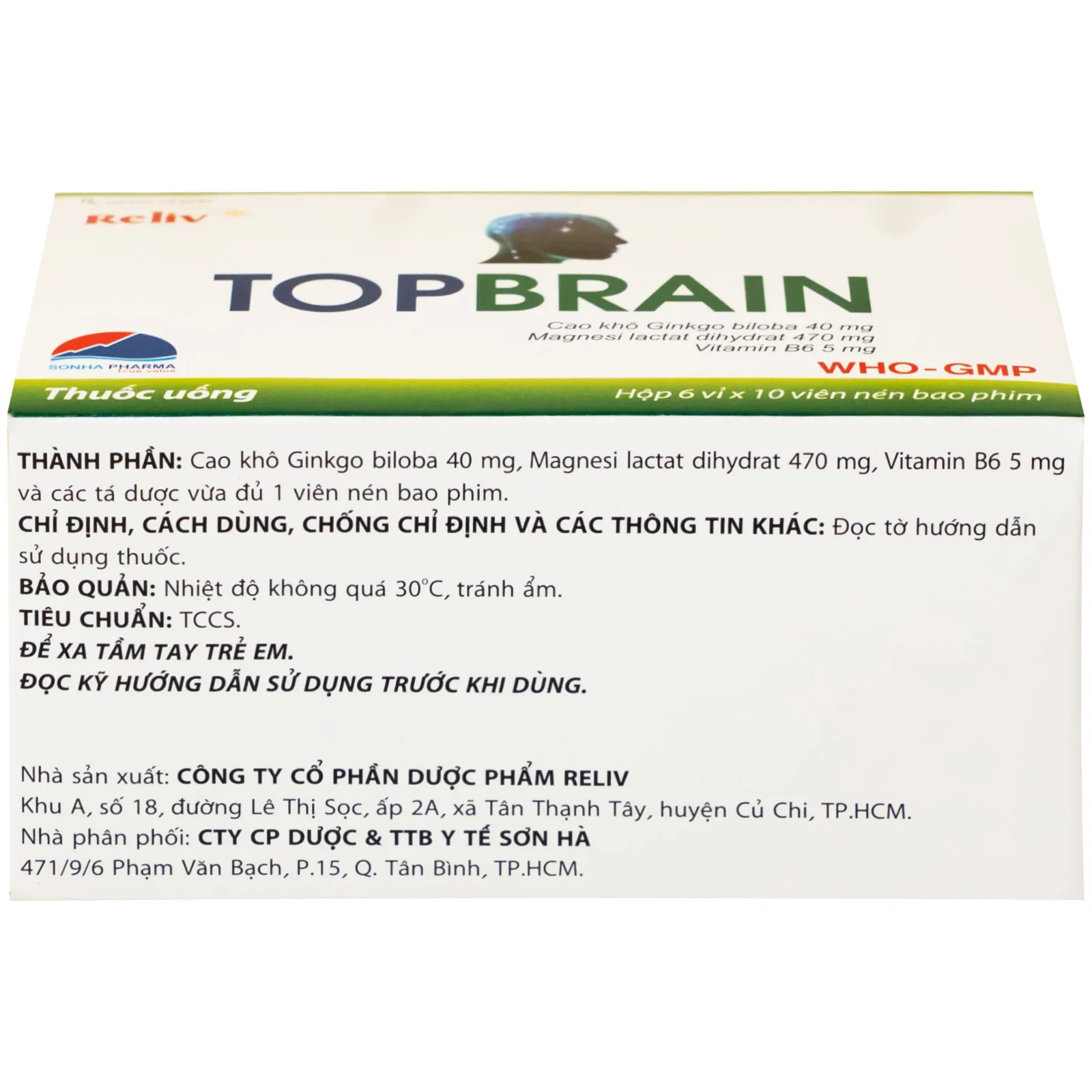 Hình ảnh Thuốc Topbrain Reliv điều trị suy nhược thần kinh, giúp tăng tuần hoàn não, tăng cường trí nhớ (6 vỉ x 10 viên)