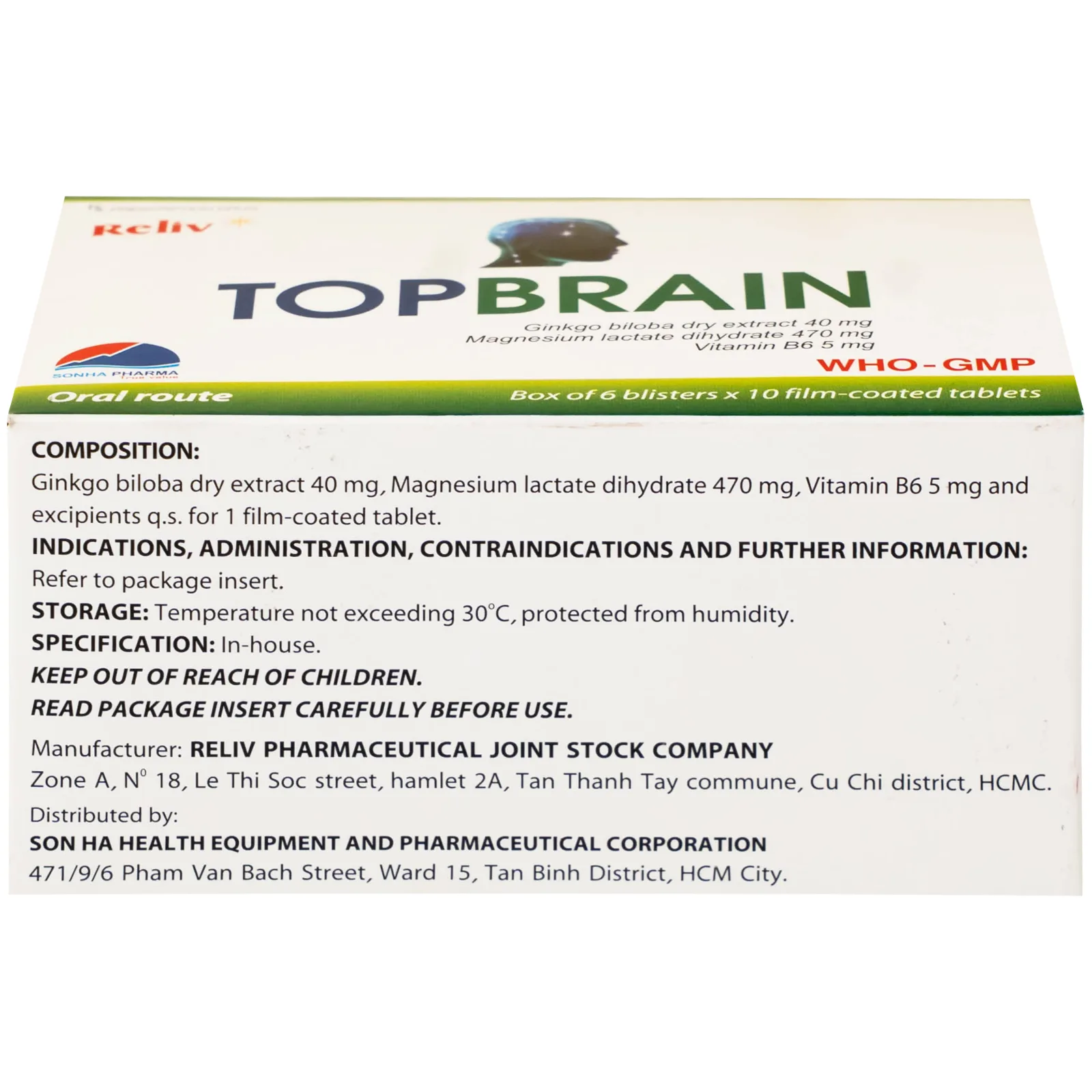 Hình ảnh Thuốc Topbrain Reliv điều trị suy nhược thần kinh, giúp tăng tuần hoàn não, tăng cường trí nhớ (6 vỉ x 10 viên)
