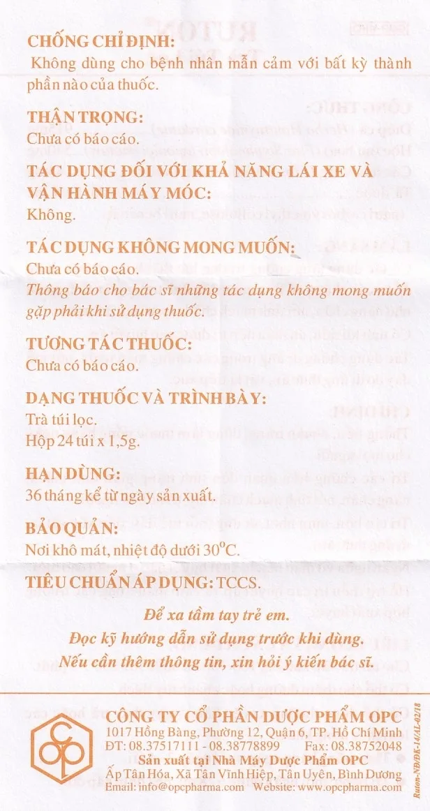 Hình ảnh Trà túi lọc Ruton OPC thông tiểu, nhuận tràng, điều trị giãn tĩnh mạch (24 túi x 1,5g)