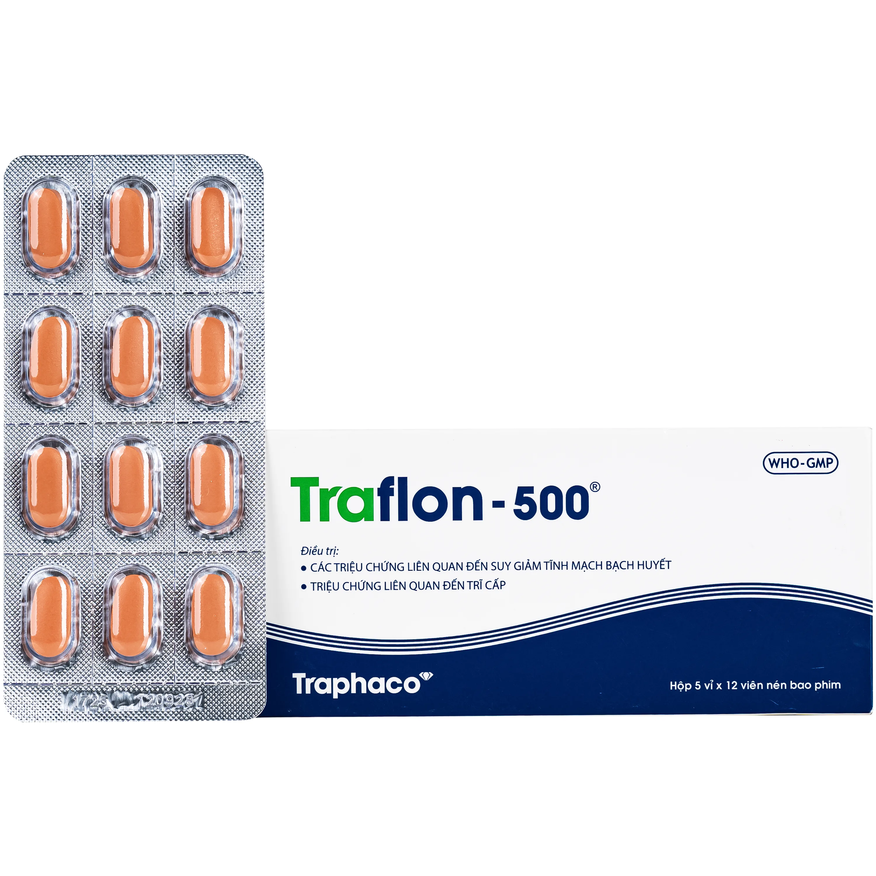 Hình ảnh Thuốc Traflon 500mg Traphaco điều trị triệu chứng liên quan đến suy tĩnh mạch, mạch bạch huyết (5 vỉ x 12 viên)