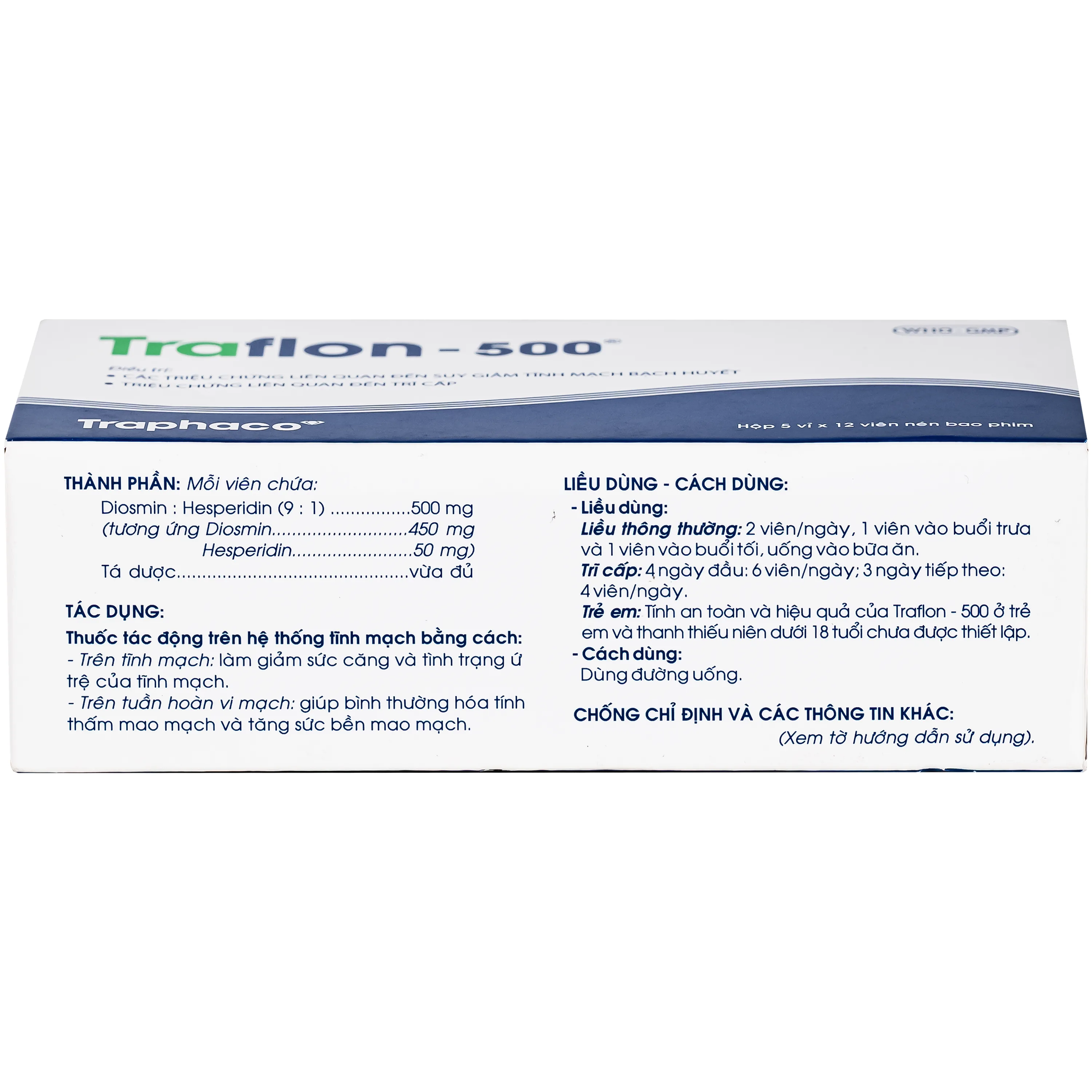 Hình ảnh Thuốc Traflon 500mg Traphaco điều trị triệu chứng liên quan đến suy tĩnh mạch, mạch bạch huyết (5 vỉ x 12 viên)
