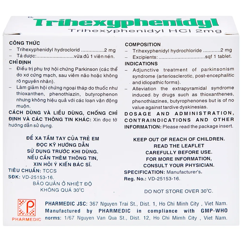 Hình ảnh Thuốc Trihexyphenidyl Pharmedic điều trị phụ trợ hội chứng Parkinson (5 vỉ x 20 viên)