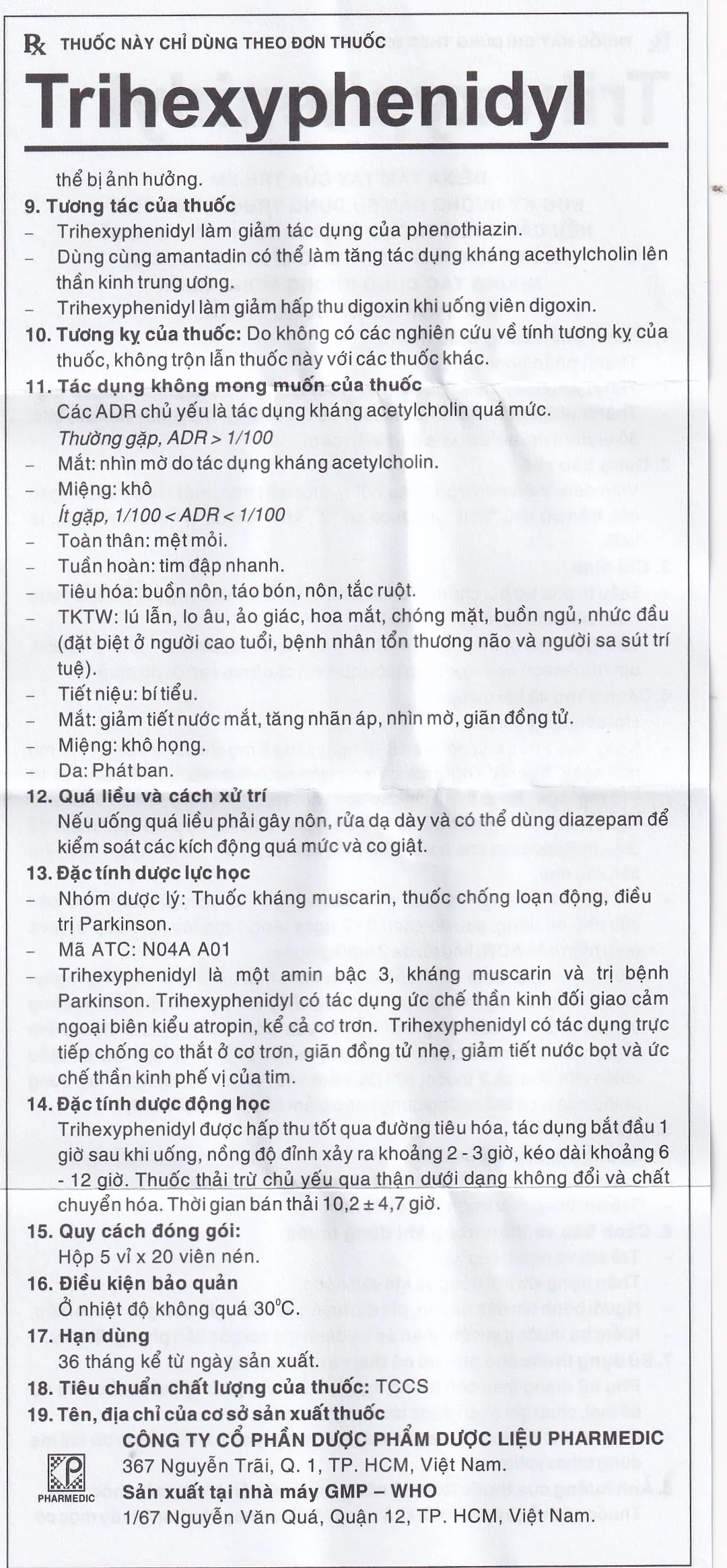 Hình ảnh Thuốc Trihexyphenidyl Pharmedic điều trị phụ trợ hội chứng Parkinson (5 vỉ x 20 viên)