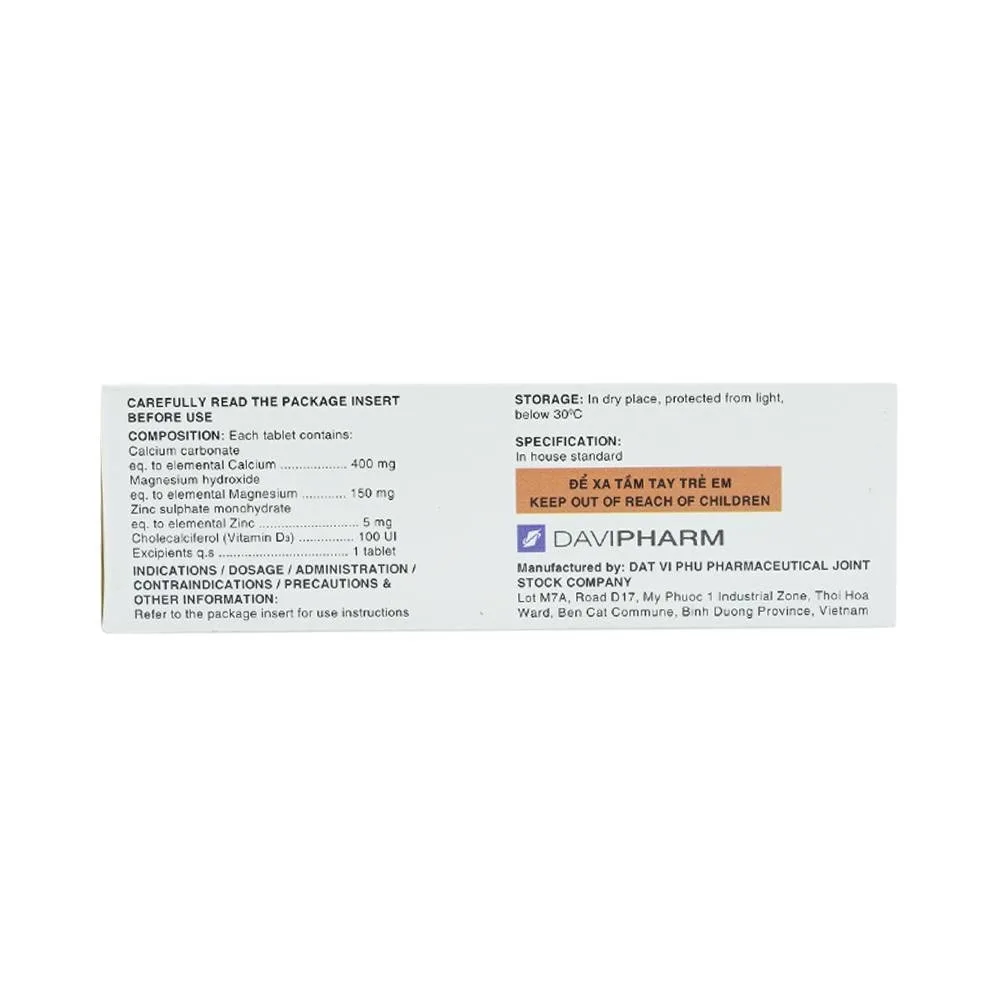 Hình ảnh Thuốc Trixlazi DaviPharm bổ sung canxi, magnesi, kẽm và Vitamin D3 (3 vỉ x 10 viên)