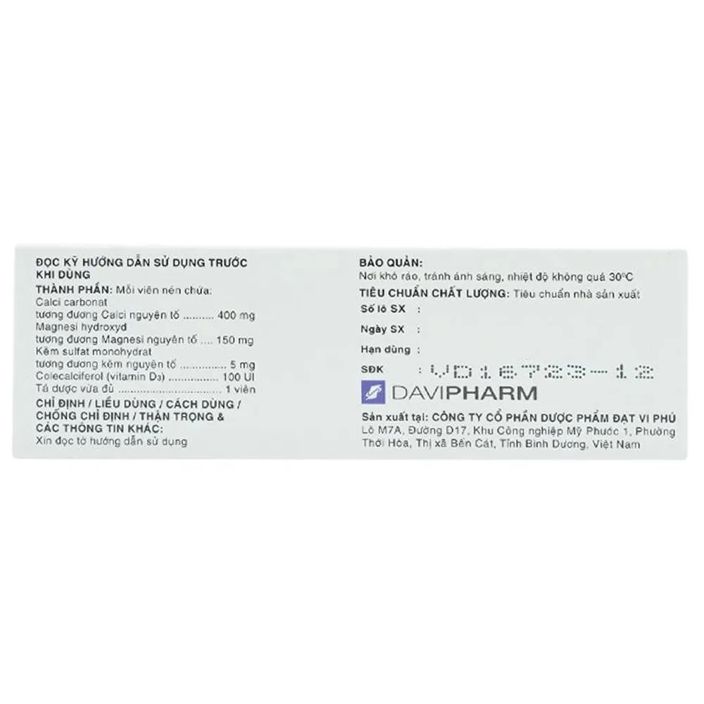Hình ảnh Thuốc Trixlazi DaviPharm bổ sung canxi, magnesi, kẽm và Vitamin D3 (3 vỉ x 10 viên)