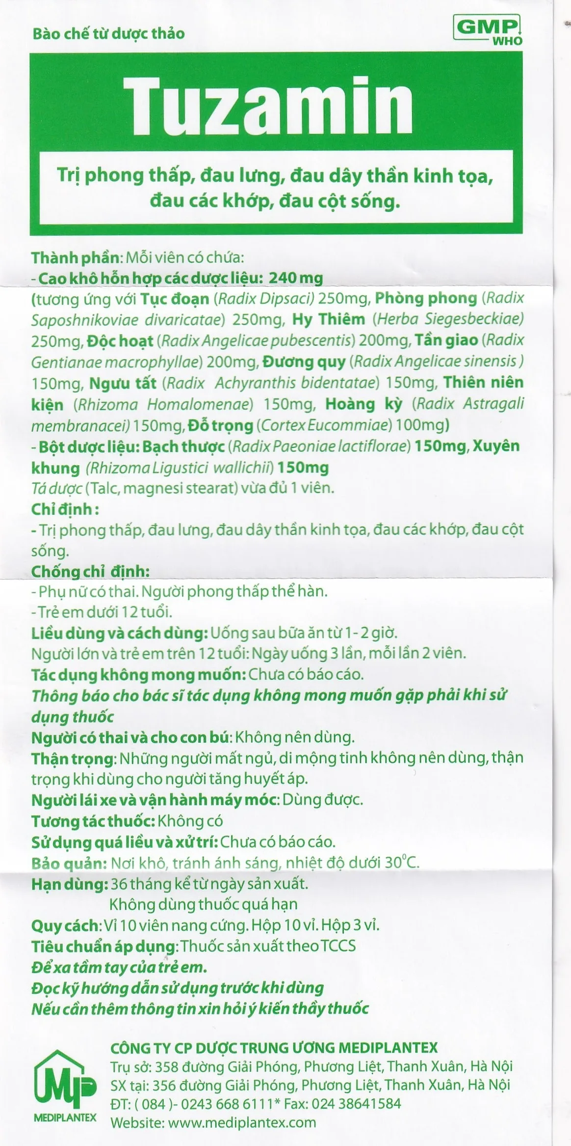 Hình ảnh Thuốc Tuzamin Mediplantex hỗ trợ điều trị phong thấp, đau lưng (3 vỉ x 10 viên) 