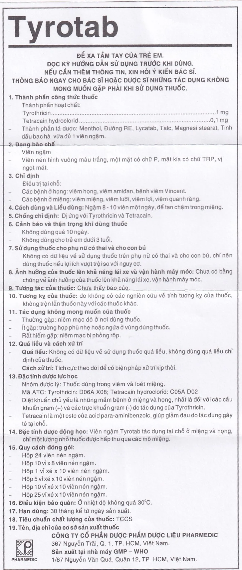 Hình ảnh Viên ngậm sát trùng Tyrotab Pharmedic điều trị viêm họng, viêm amidan (10 vỉ x 8 viên)