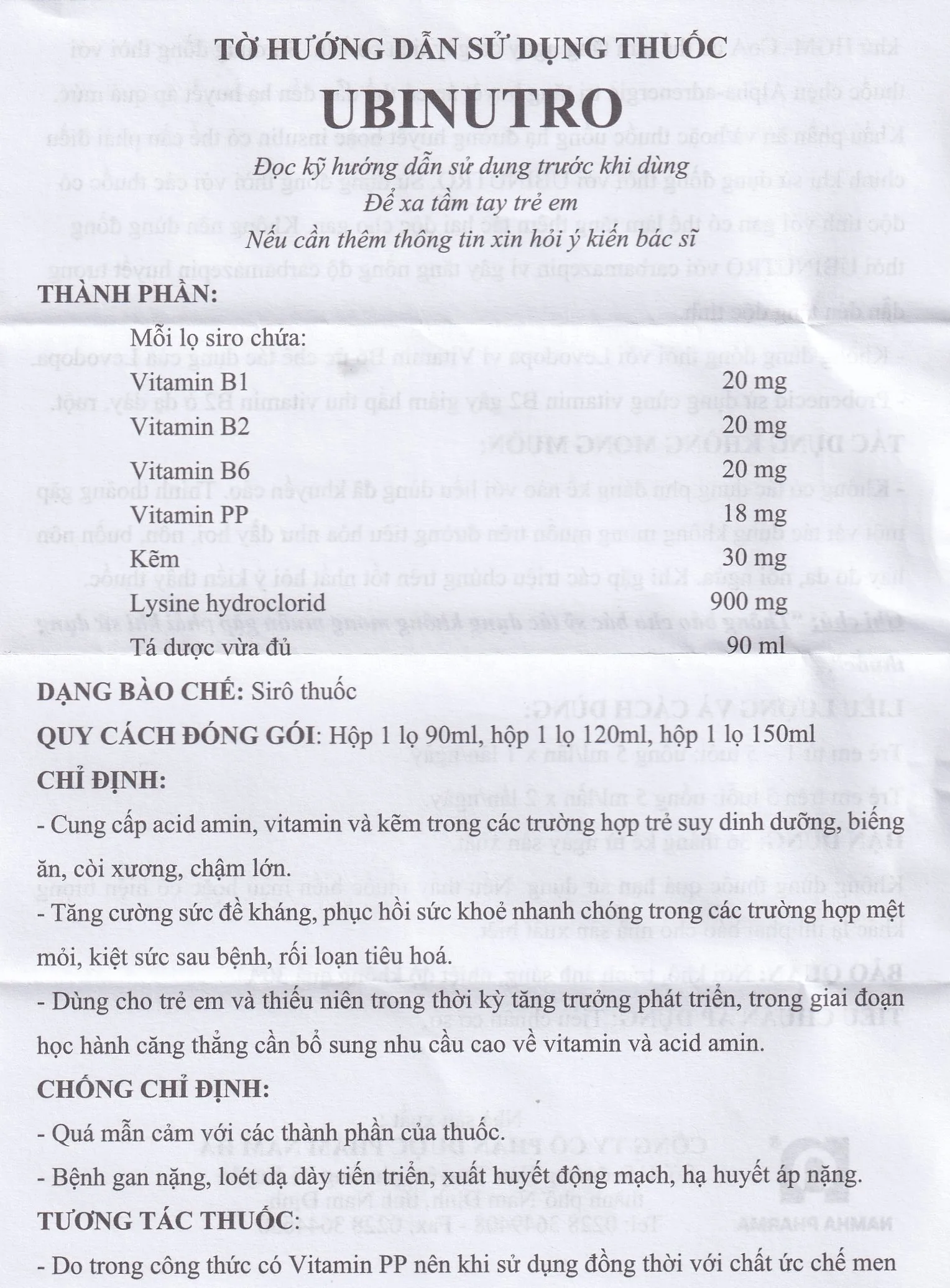 Hình ảnh Siro Ubinutro Nam Hà bổ sung các acid amin, vitamin và kẽm (120ml)