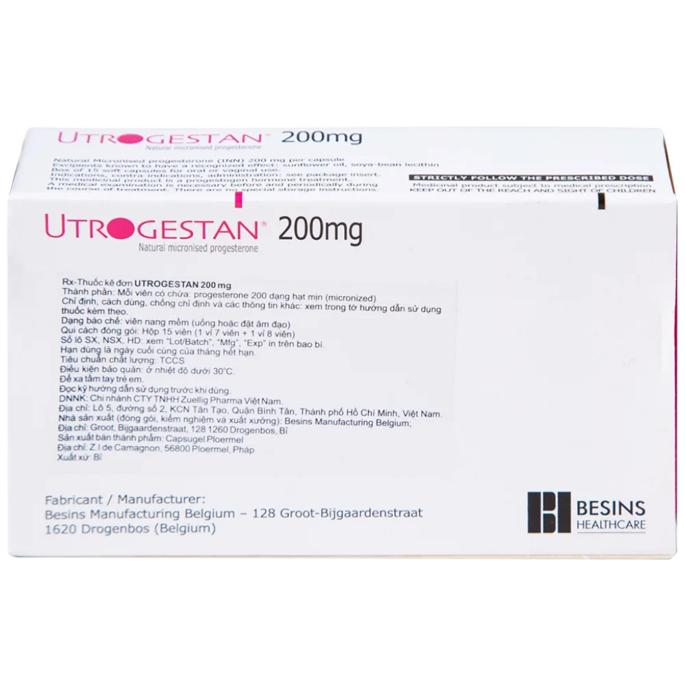 Hình ảnh Thuốc Utrogestan 200mg Besins bổ sung nội tiết tố trong bệnh lý sản phụ khoa (15 viên)