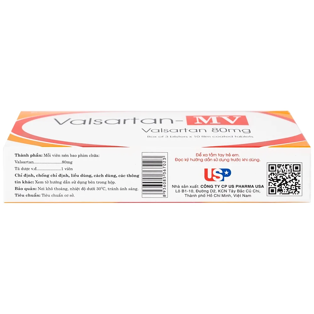 Hình ảnh Thuốc Valsartan-MV 80mg USP điều trị bệnh tăng huyết áp và suy tim (3 vỉ x 10 viên)