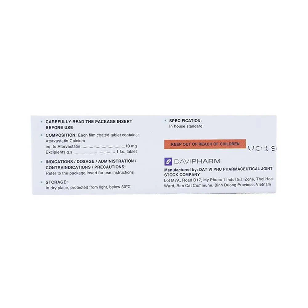 Hình ảnh Thuốc Vaslor 10 Davi Pharm giảm cholesterol và triglycerid trong máu (4 vỉ x 7 viên)