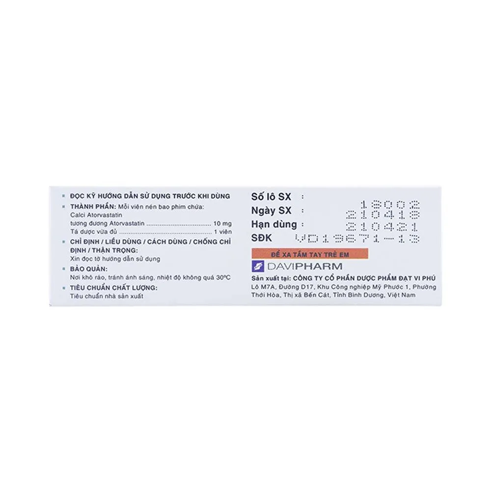Hình ảnh Thuốc Vaslor 10 Davi Pharm giảm cholesterol và triglycerid trong máu (4 vỉ x 7 viên)