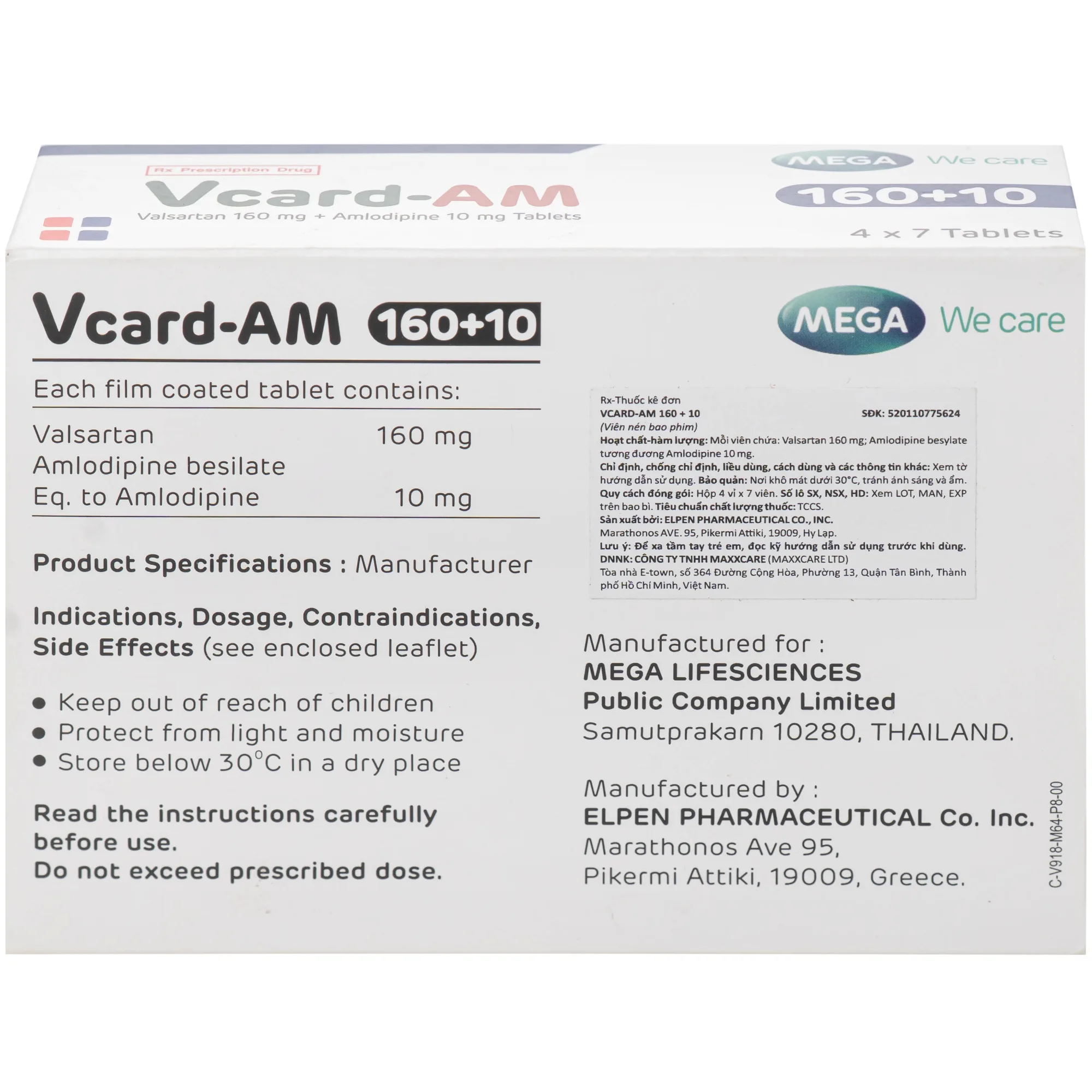 Hình ảnh Thuốc Vcard-am 160/10mg Mega Điều trị tăng huyết áp vô căn (4 vỉ x 7 viên)