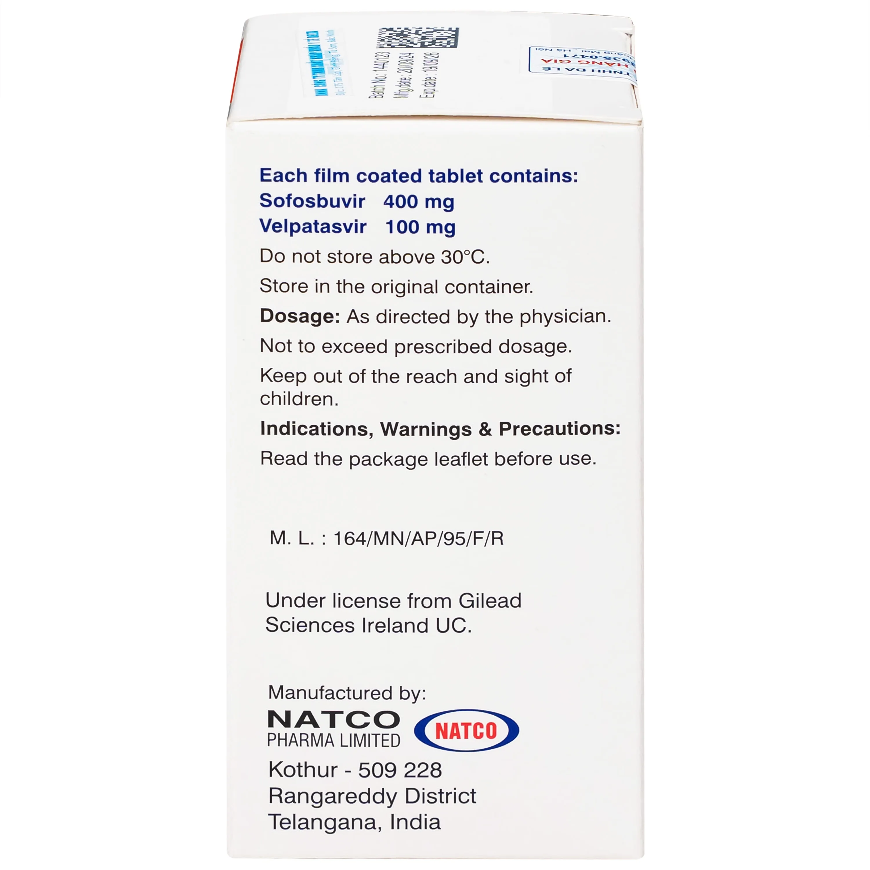 Hình ảnh Thuốc Velsof 400mg/100mg Natco điều trị viêm gan virus C mạn tính ở người lớn (28 viên)